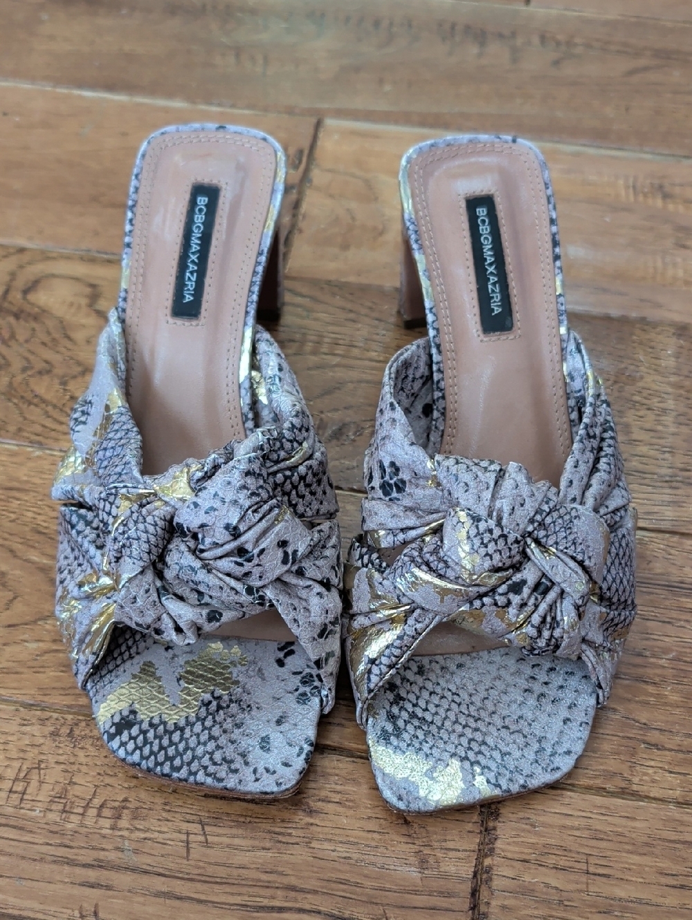 BCBGMaxAzria Lolita Taupe Snake-Print Knot Block Heel Sandals with Gold Accents